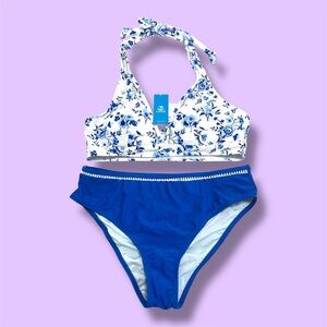 Cupshe Women's Mykonos Blue and White Floral Bikini Set